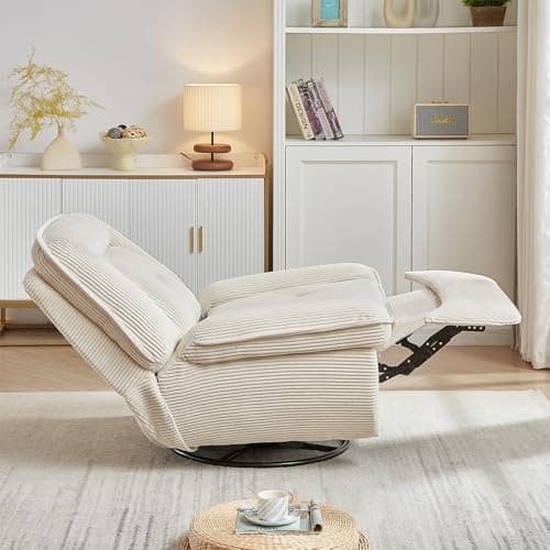 Swivel Rocking Recliner Chair for Adults with Upholstered Corduroy Reclining, Small Recliners for Small Spaces, Nursery, Living Room, Bedroom (Beige)