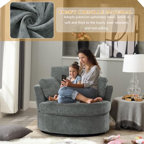 Set of 2 JEEOHEY Modern Chenille Swivel Barrel Chairs with Pillows - Grey Accent Arm Chairs for Living Room, Nursery, Bedroom, Office