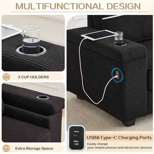 86.5 Comfy Sofa Couch with USB/Type-C Charging Port & Cup Holders