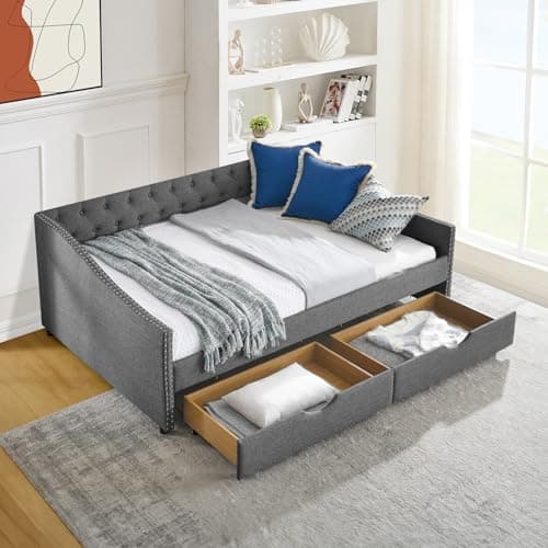 JEEOHEY Grey Linen Button Tufted Queen Daybed with Storage & Nailhead Trim