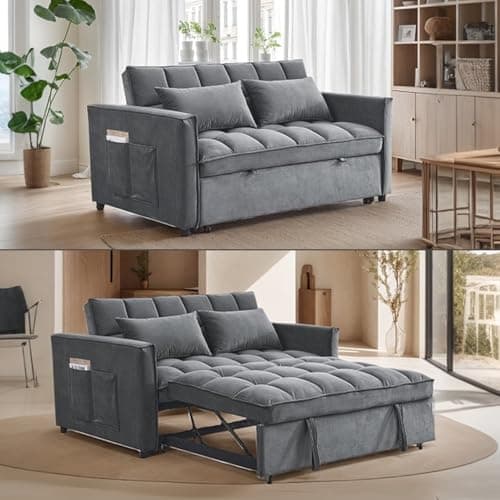 Black 3-in-1 Velvet Couch Bed with Recliner and Pillows, Full Size Sleeper Sofa