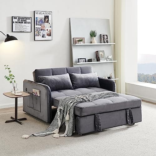Light Grey Convertible Futon Sofa Bed with Side Pocket