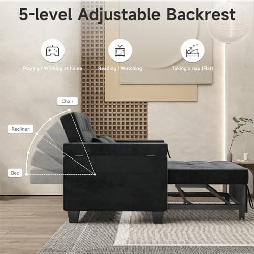 3-in-1 Convertible Sofa Bed with Adjustable Backrest & Hidden Side Table, Black