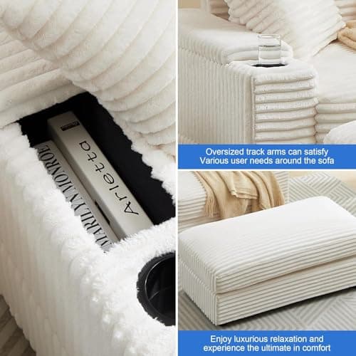 44" Beige Corduroy Storage Chaise Longue with Cup Holder