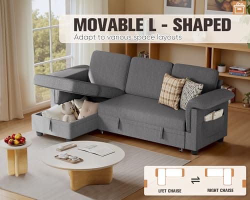 Homall Dark Grey Linen L-Shaped Sleeper Sofa with Storage