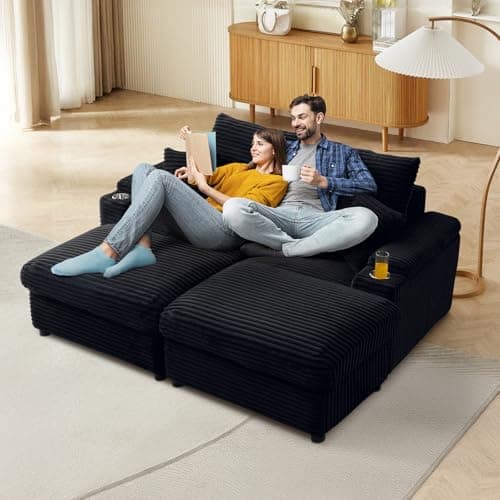 Oversized Black Chaise Lounge Chair with Storage Ottomans and Cup Holders - Modern L-Shaped Sofa for Living Room and Bedroom