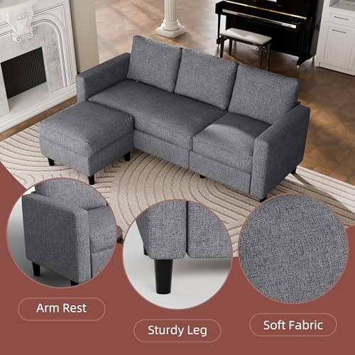 JAMFLY Dark Grey L-Shaped Sectional Sofa with Ottoman for Small Spaces