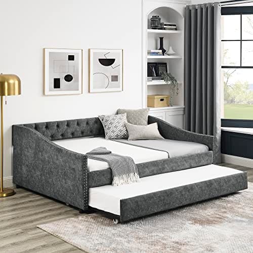 Modern Upholstered Daybed with Trundle, Button Tufted, Full Size, Grey
