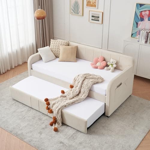 Twin Velvet Daybed with Pop-up Trundle & USB Port, Space-Saving & Easy Assembly