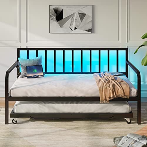 Rolanstar Adjustable Height Twin Daybed with Charging & LED Lights, Black