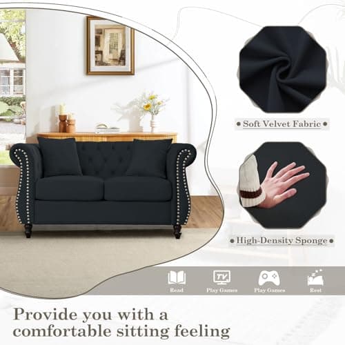 Velvet Chesterfield Sofa with Nailhead Trim, 2 Seater Loveseat for Living Room, Bedroom, Office