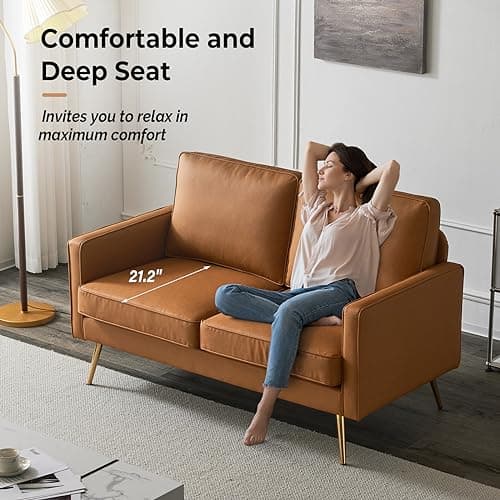 VINGLI Cognac 56" PU Leather 2-Seater Loveseat Sofa