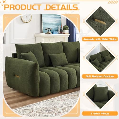 Oversized Green Sherpa Tufted 3 Seater Sofa, Teddy Bouclé Cushions