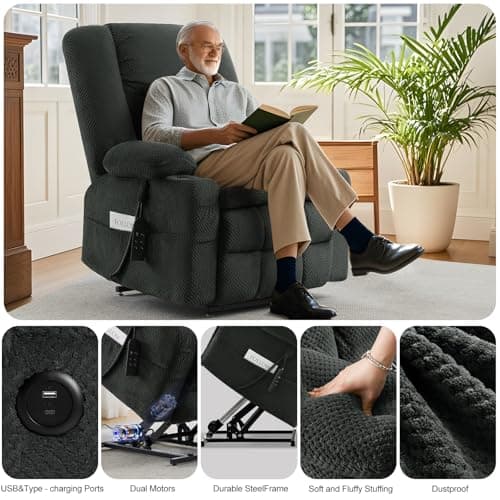 Electric Large Lift Recliner Sofa with Massage & Heat (Grey)