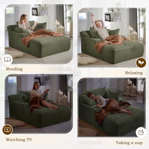 Oversized Chaise Lounge Chair Army Green for Living Room with 3 Pillows and Comfy Fluffy Couch, Modern Deep Seat Sofa No Assembly Needed, 50"W Upholstered Corduroy Couch Single Sleeper