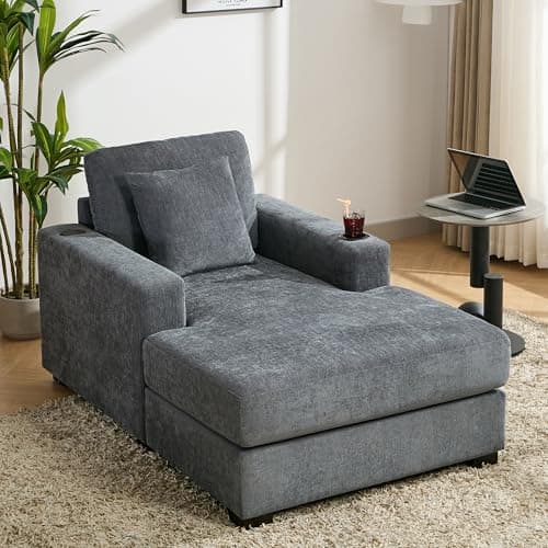 Oversized Blue Gray 55" Chaise Lounger with Chenille Fabric & Charging Station