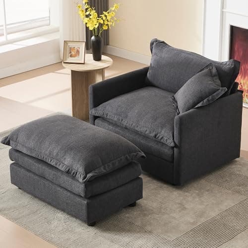 Linen White Oversized Chaise Lounge Chair with Ottoman for Living Room, Bedroom, Office