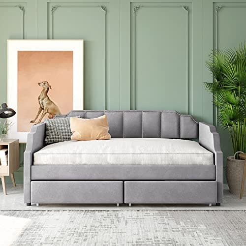 Grey Tufted Daybed with Drawers & Nailtrim Arms, Solid Wood Frame
