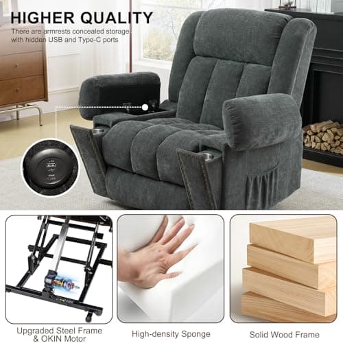 Grey Blue Electric Recliner Chair with Heat & Massage for Seniors
