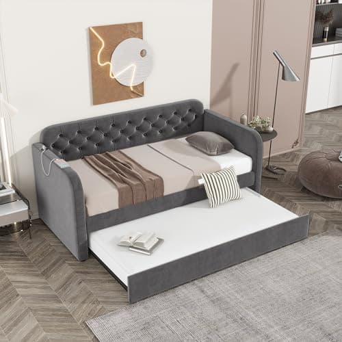 Dark Grey Button Tufted Twin Daybed with Trundle & USB Port (No Box Spring)
