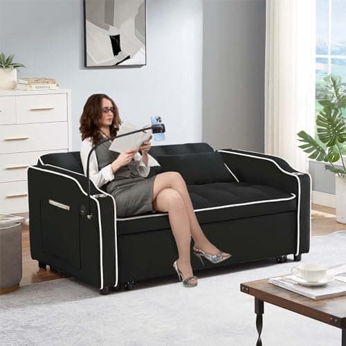 Modern Black Velvet 3-in-1 Sleeper Sofa Bed with USB Ports & Adjustable Backrest
