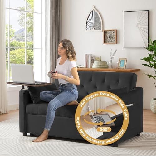 Convertible Sleeper Sofa Couch with Pull Out Bed, Velvet Futon Loveseat with Table & Reclining Back