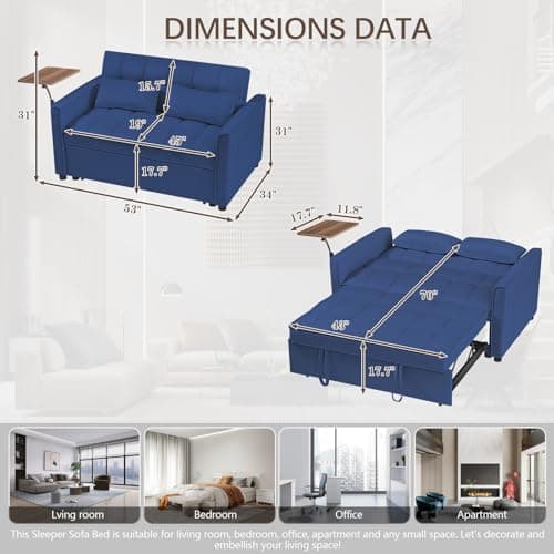 JEEOHEY 3-in-1 Reclining Sleeper Sofa Bed, Velvet & Chaise Lounge (Blue)