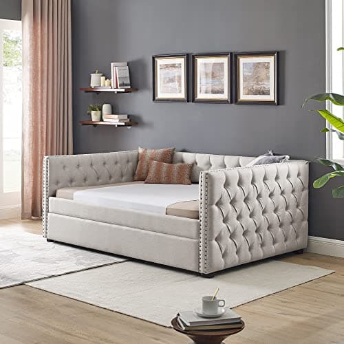 JEEOHEY Beige Button Tufted Full Size Upholstered Daybed with Trundle