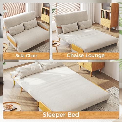3-in-1 Convertible Chair Bed Sleeper for Adults, Linen Convertable Chair with Wooden Arms & Pillows