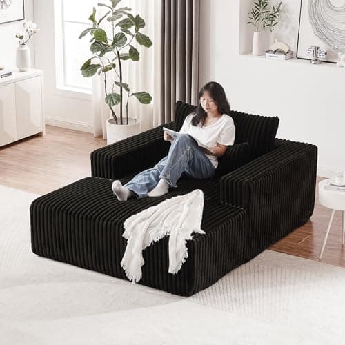 Oversized Black Chaise Lounge Chair - Plush Corduroy Sofa with Wide Armrests & Pillows for Living Room