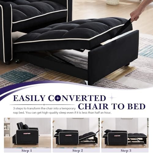 3-in-1 Velvet Convertible Sofa Bed, Black, Living Room Sleeper Chair