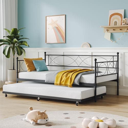 IDEALHOUSE Metal Twin Daybed with Trundle, Multifunctional Bed Frame