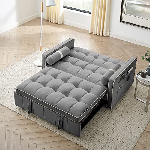 3 in 1 Tufted Velvet Couch Bed, Grey, 55.5"