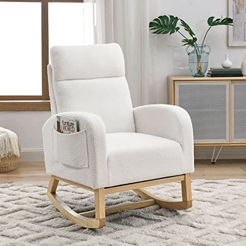Modern White Fabric Upholstered Rocking Glider Chair with Side Pockets