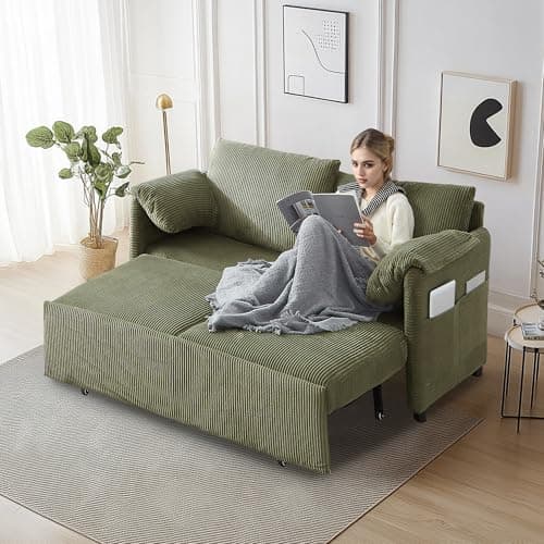 3-in-1 Corduroy Green Pullout Couch Bed with Side Pockets