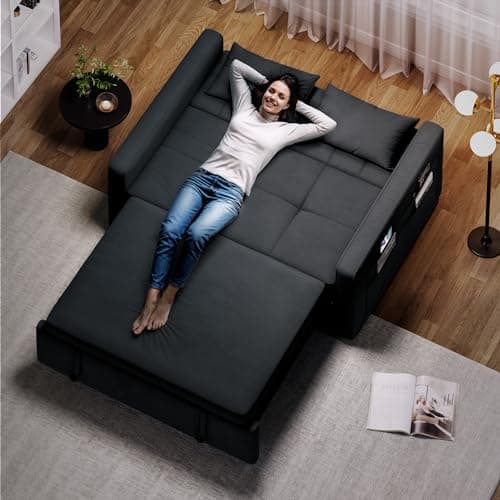 Black 3-in-1 Convertible Sofa Bed with Pull-Out Mattress & Adjustable Backrest
