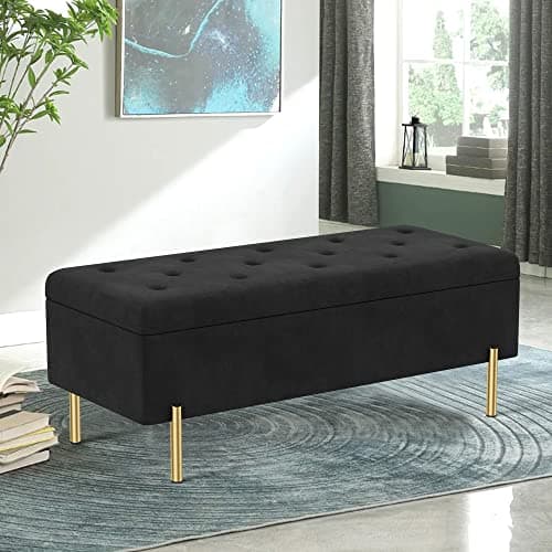Ivory Upholstered Tufted Velvet Storage Bench for Living Room Entryway