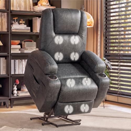 Flamaker Power Lift Recliner Chair PU Leather with Massage for Elderly Ergonomic Lounge Chair Classic Single Sofa with 2 Cup Holders Side Pockets Home Theater Seat (Leather, Light Black)