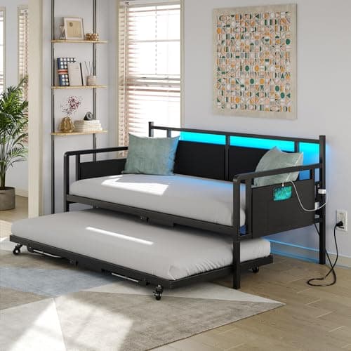 Furniouse Black Twin Daybed with Charging & LED Lights, Trundle Bed Frame