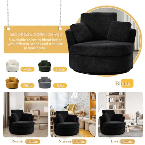 JEEOHEY 360 Degree Swivel Chenille Fabric Chair Set, Black, Oversized Sofa Accent