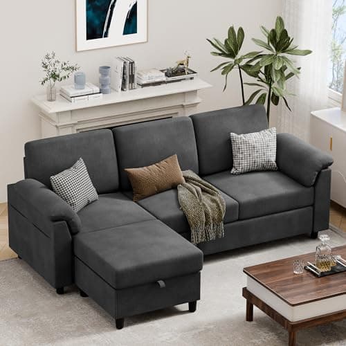 Vongrasig 79" L-Shaped Couch with Storage Ottoman, Light Grey Linen Fabric