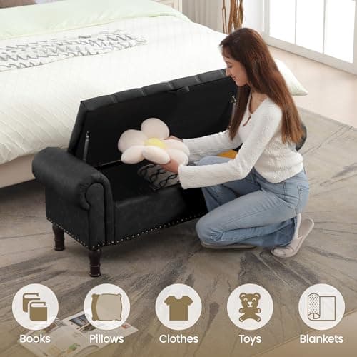 Vintage Rivet Storage Bench, Black, 51" Armless Upholstered Ottoman