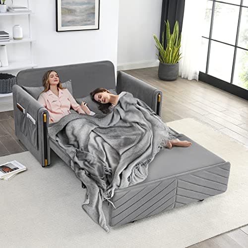 Modern Velvet Convertible Sleeper Sofa Bed with Headboard, Small Love Seat for Small Space, Grey
