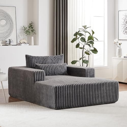 Oversized Grey Plush Corduroy Chaise Lounge Chair with Wide Armrests