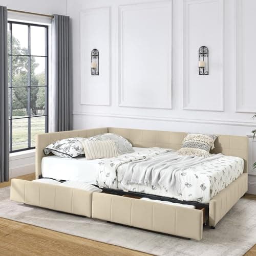 Tufted Velvet Queen Daybed with Storage, Wood L-Shaped Frame, Living Room Sofa Bed, Beige