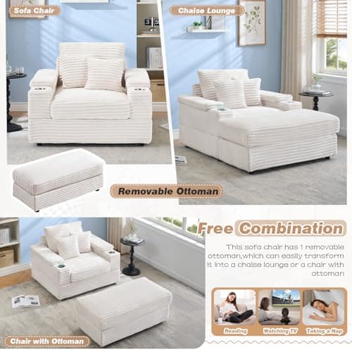Beige Corduroy Chaise Lounge with Ottoman & Cup Holder