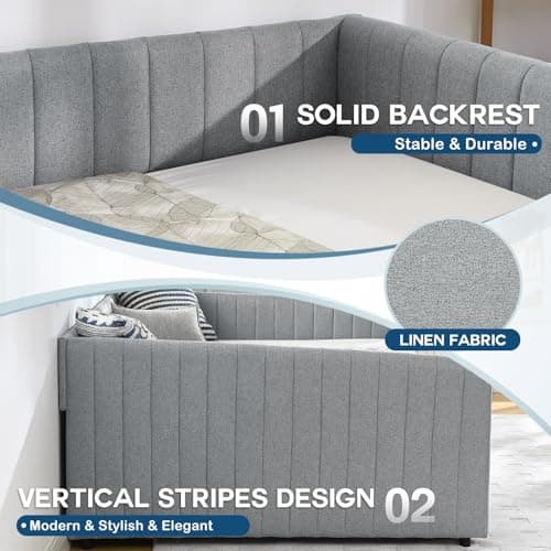 JEEOHEY Linen Grey Stripe Queen Daybed with Storage
