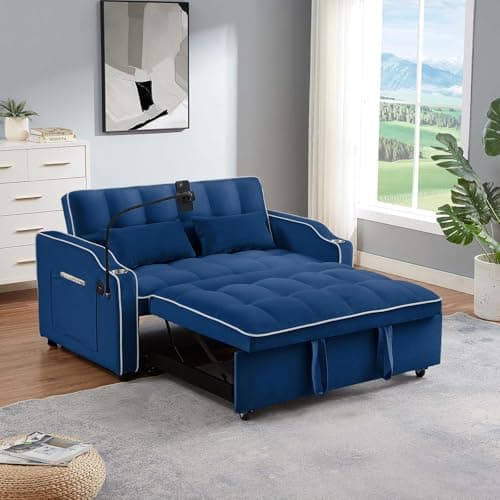 Convertible Sleeper Sofa Bed with USB Port - Blue color