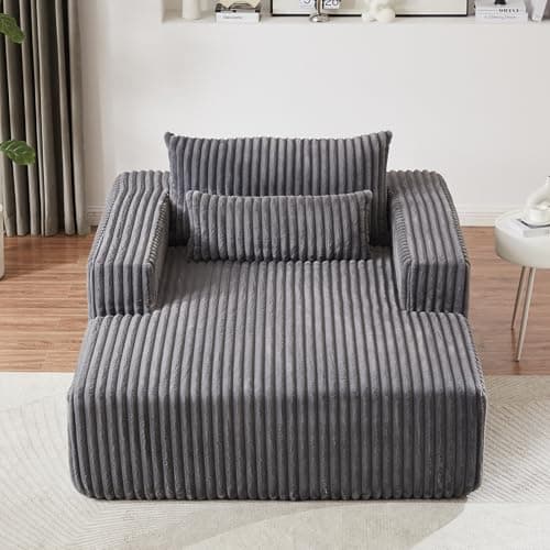 Oversized Grey Plush Corduroy Chaise Lounge Chair with Wide Armrests