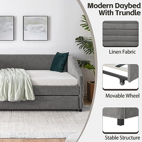JEEOHEY Twin Size Daybed with Trundle, Modern Upholstered Linen Sofa Bed, Solid Wood Frame, Grey